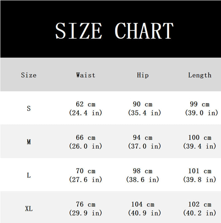 Maattabel met taille, heup en lengte in centimeters en inches voor de maten S tot en met XL. 11