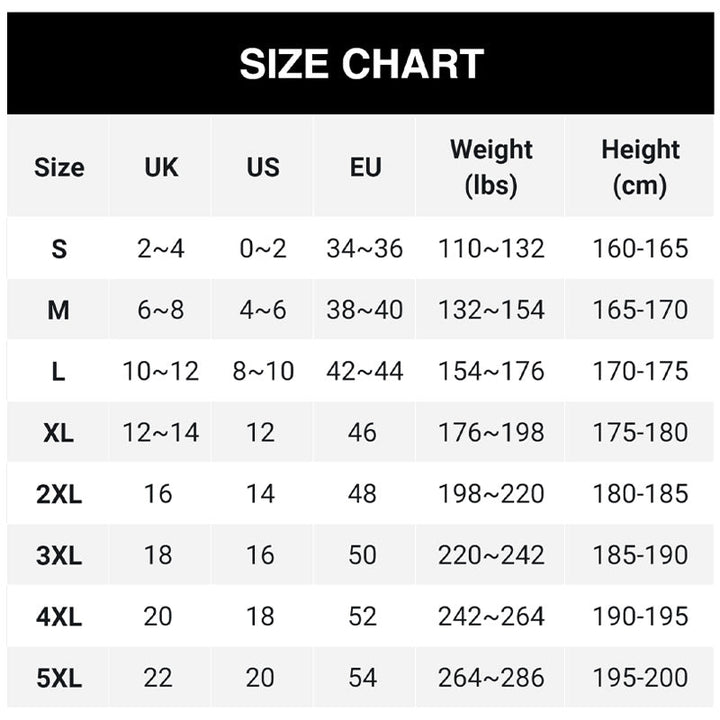 Maattabel met UK-, US- en EU-maten, gewicht en lengte van maat S tot en met 5XL. 12