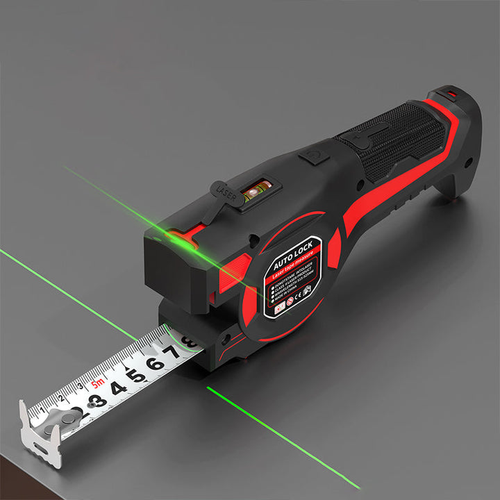 Rood-zwart meetlint met uitgetrokken lint op een grijs oppervlak, groene laserlijnen schijnen naar voren en opzij 1