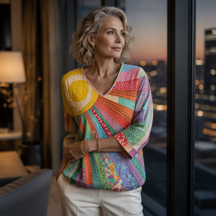 Women's Retro Patchwork Blouse with V-Neck 7