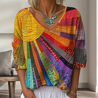 Women's Retro Patchwork Blouse with V-Neck 1
