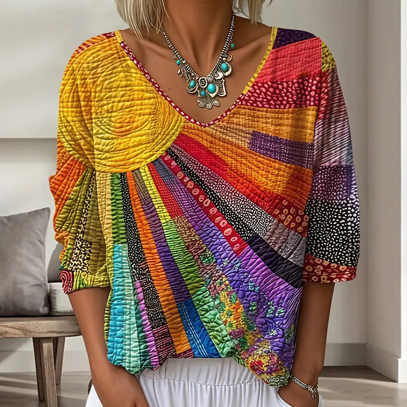 Women's Retro Patchwork Blouse with V-Neck 1