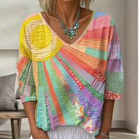 Women's Retro Patchwork Blouse with V-Neck 6