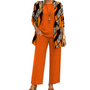 Set in oranje met cardigan met golvende banen in luipaardprint, effen oranje shirt en wijde broek. 9