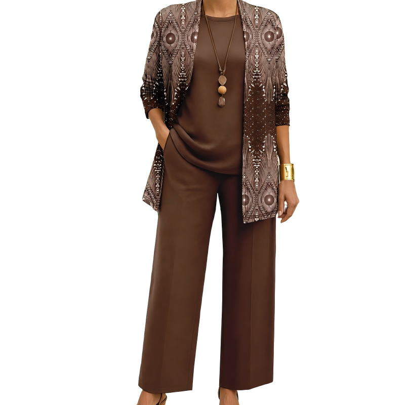 Set in bruin met cardigan met siermotief in glinsterende stippen, effen shirt en wijde broek. 10