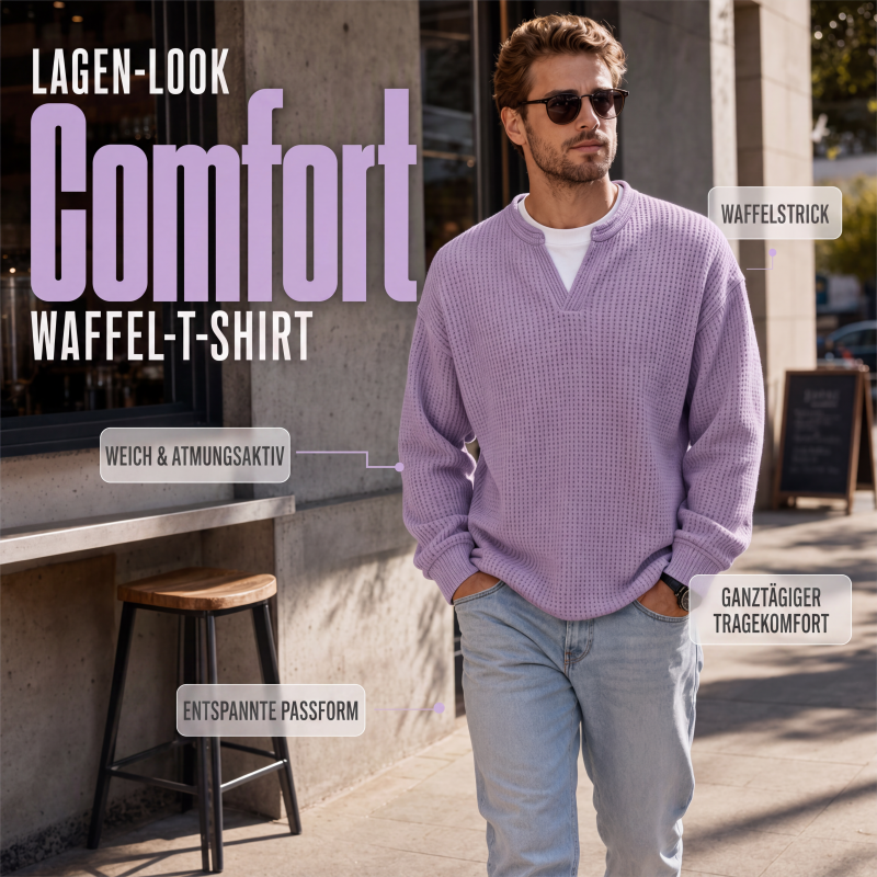 Man met zonnebril loopt over een stoep in een lila wafelgebreide top met wit shirt eronder, handen in de zakken. 1