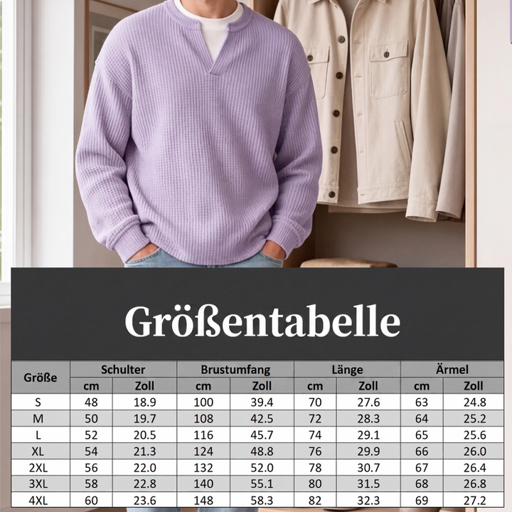 Model in de lila top voor een kast met jassen, met daaronder een maattabel met schouder, borst, lengte en mouw. 8