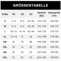Maattabel met Britse, Amerikaanse en Europese maten, gewichtsbereik en lichaamslengte van S tot 5XL. 9