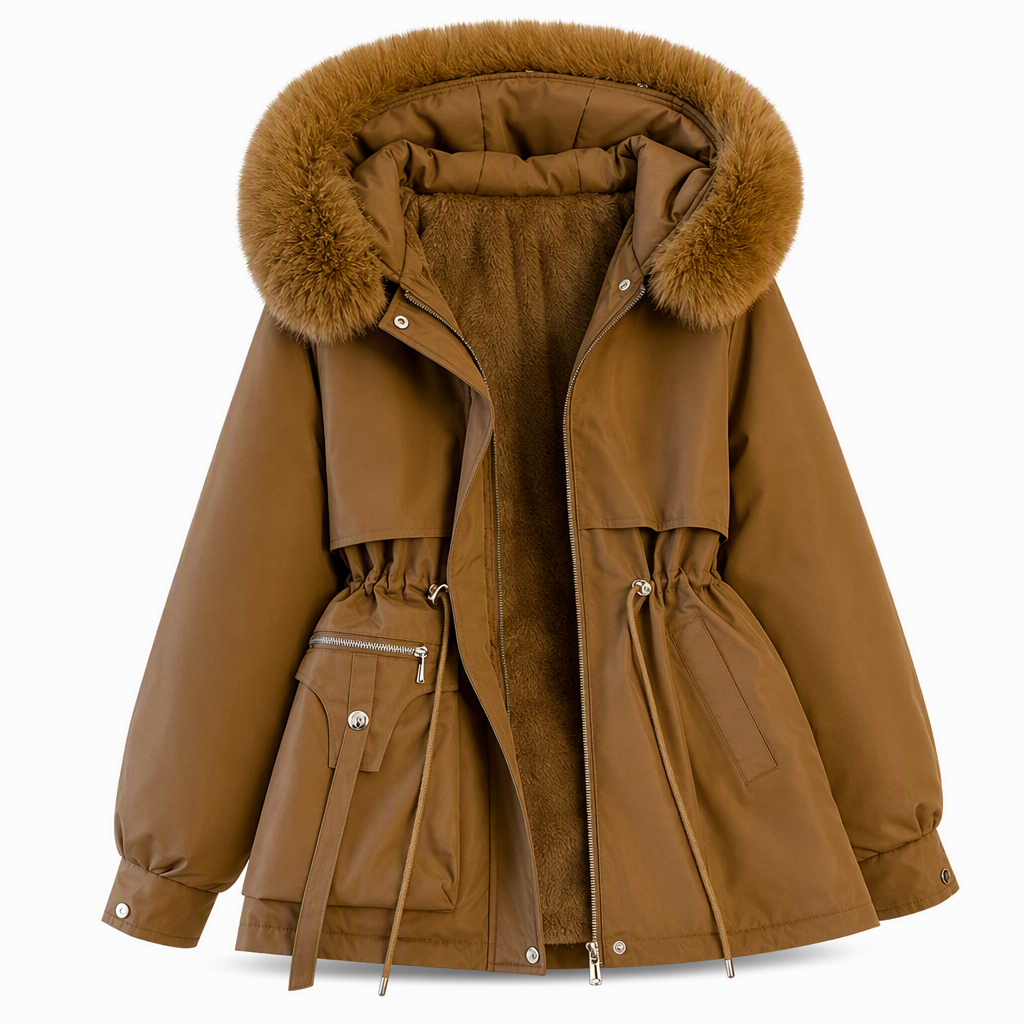 Koffiebruine parka met bonten capuchonrand en fleecevoering, open gelegd op witte achtergrond 11