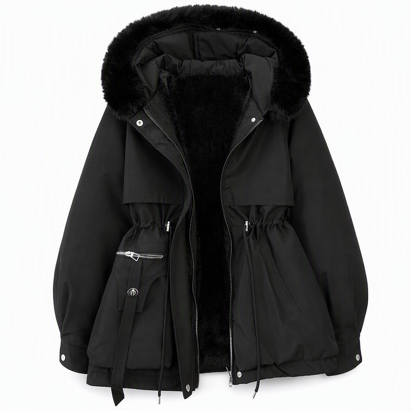 Zwarte parka met bonten capuchonrand en zwarte fleecevoering, open gelegd op witte achtergrond 9