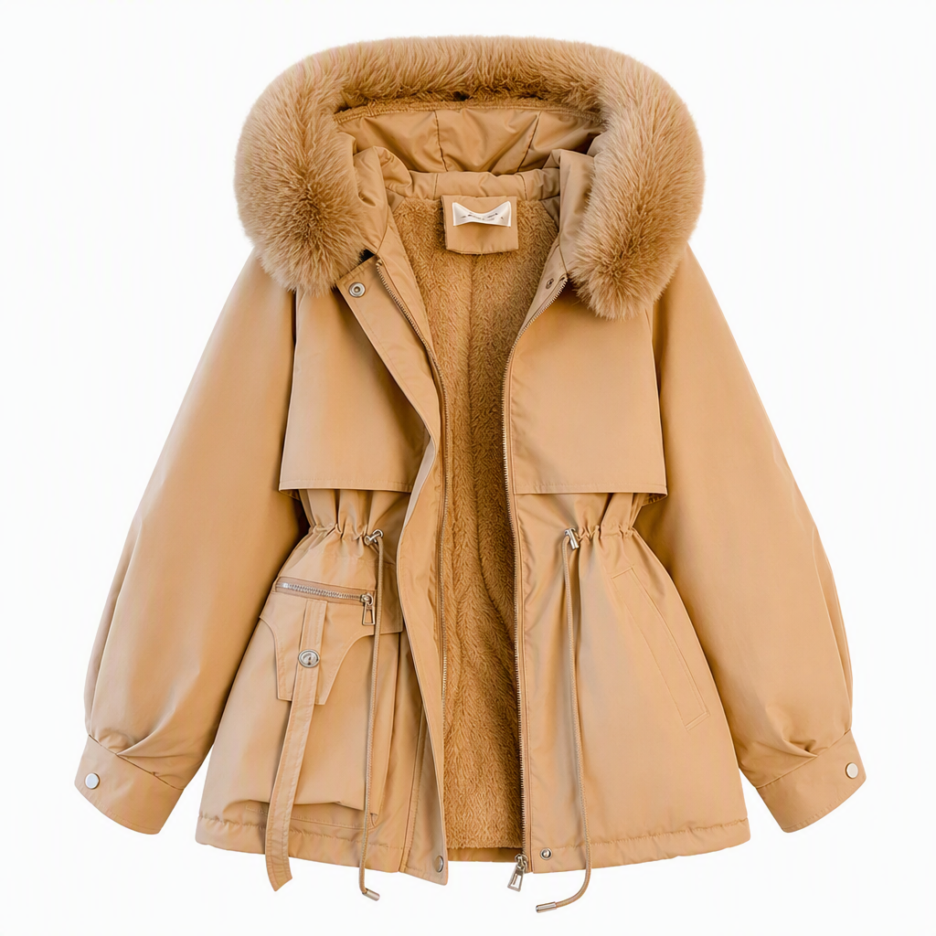 Kameltinten parka met bontrand en fleecevoering, open gelegd op witte achtergrond 10
