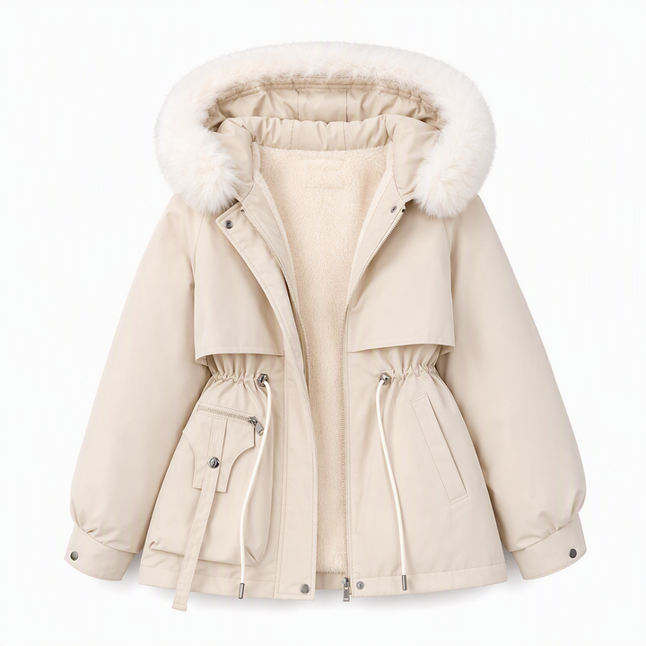 Beige parka met witte bontrand en zachte fleecevoering, open gelegd op witte achtergrond 8