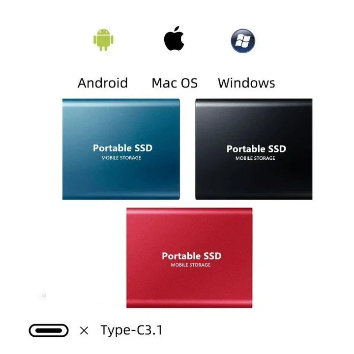 Drie externe SSD's in blauw, zwart en rood boven elkaar, met pictogrammen voor Android, Mac en Windows en een USB-C-symbool. 2
