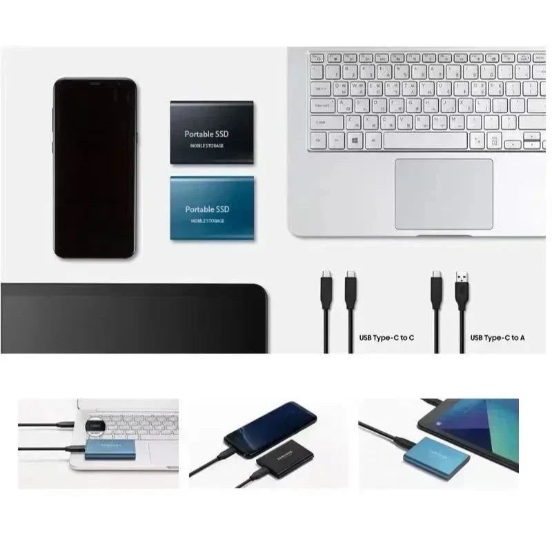 Overzicht van de SSD in zwart en blauw naast smartphone, laptop en tablet, met USB-C-kabels en voorbeelden van aansluiting. 3