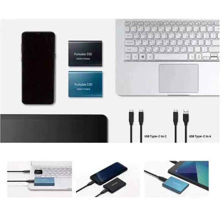 Overzicht van de SSD in zwart en blauw naast smartphone, laptop en tablet, met USB-C-kabels en voorbeelden van aansluiting. 3