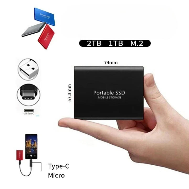 Zwarte SSD in een open hand ter vergelijking van het formaat, met maataanduidingen en aansluitsymbolen voor USB en USB-C. 4