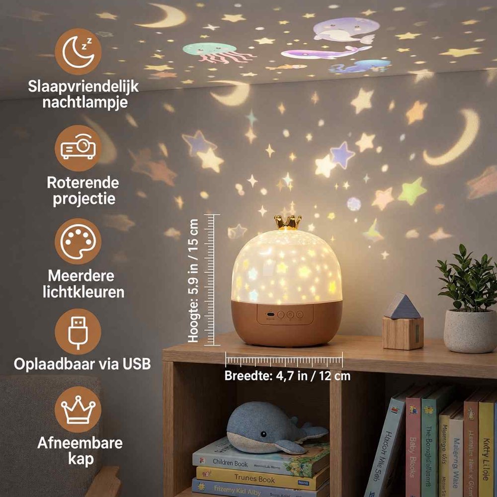 Lamp met gouden kroontje en bedieningsknoppen op een houten kast, met maten en kenmerken naast de sterrenprojectie 5