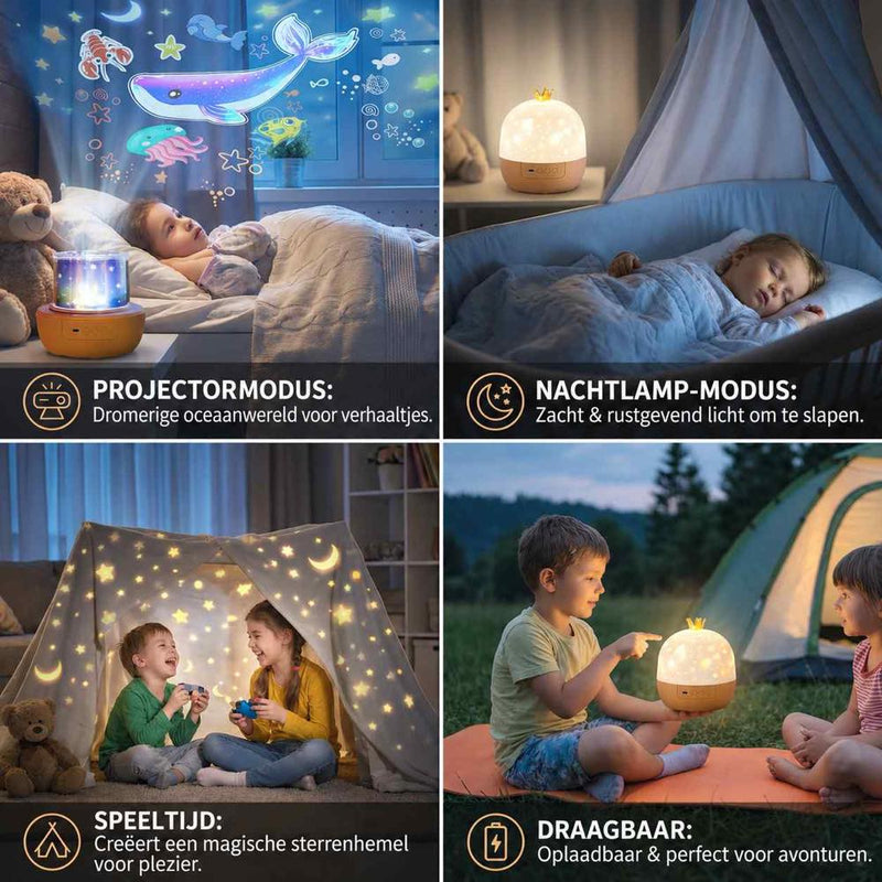 Collage van vier gebruiksmomenten: projectie met zeedieren, slapend kindje, speeltent met sterrenlicht en buiten bij een 3