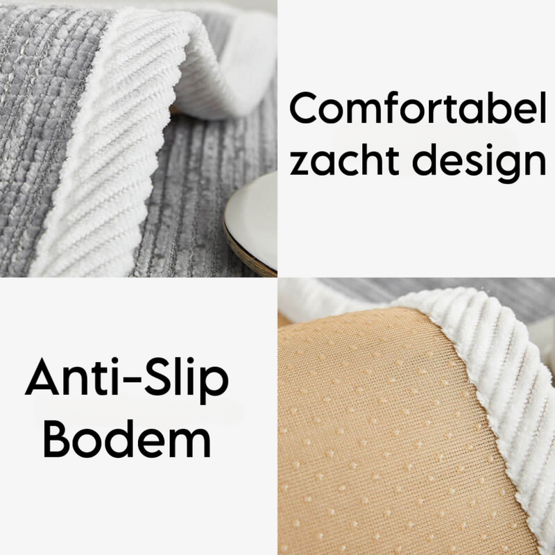 Twee detailopnames: de zachte geribbelde rand van de hoes en de beige antislip onderkant met kleine stipjes. 4