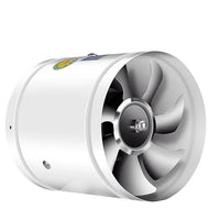 Witte buisventilator schuin van voren met zichtbare waaier op een witte achtergrond 8