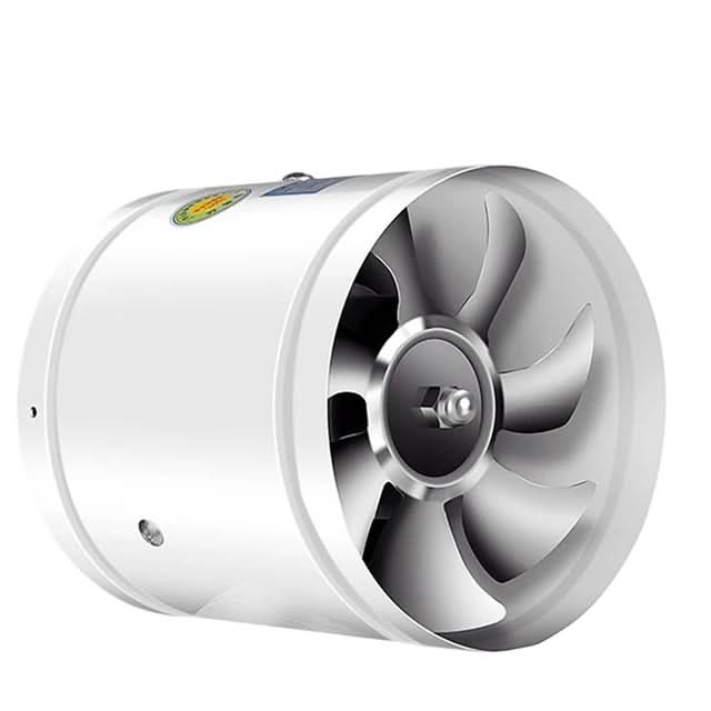 Witte buisventilator schuin van voren met zichtbare waaier op een witte achtergrond 8