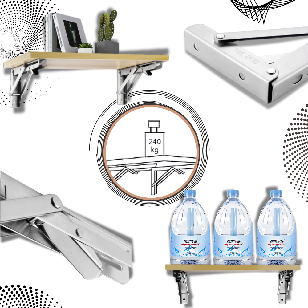 Collage met plank op steunen, close-ups van het scharnier en draagkracht, plus drie waterflessen op een plank 1