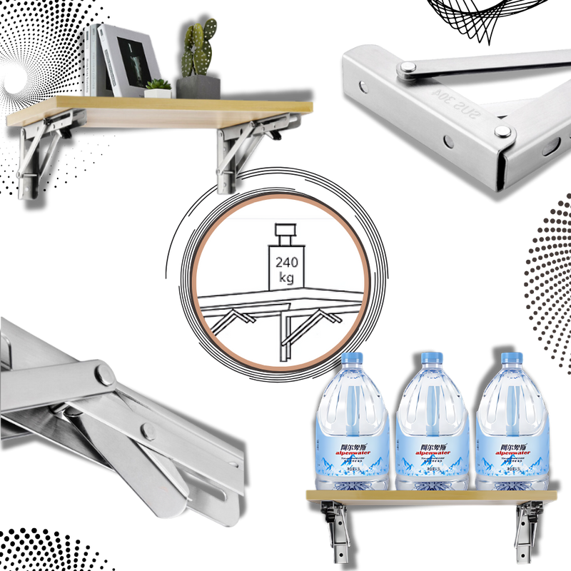 Collage met plank op steunen, close-ups van het scharnier en draagkracht, plus drie waterflessen op een plank 1