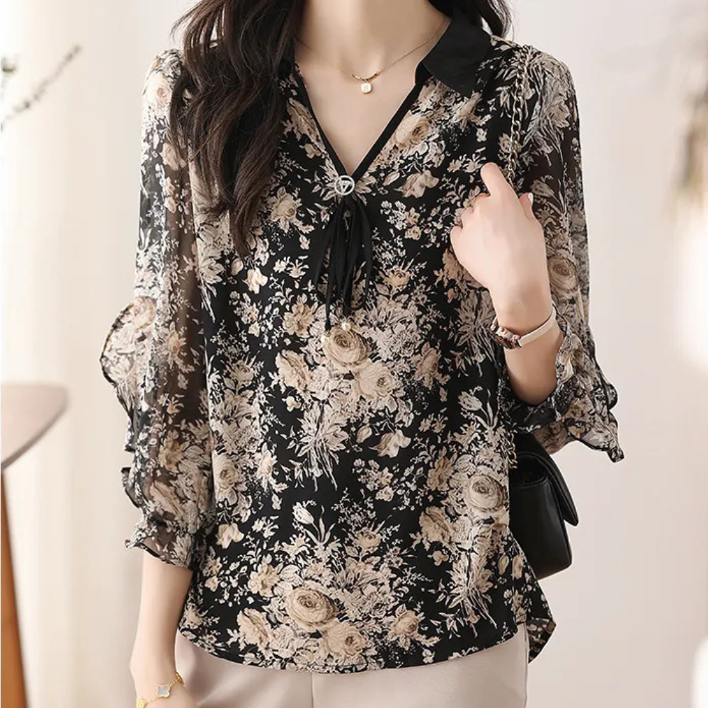 Bloemige Zwarte Blouse met Kraag voor Dames - Noëlle
