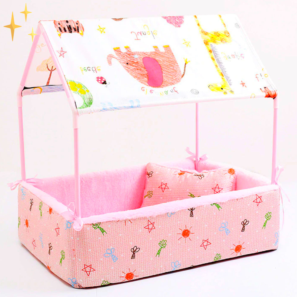 Covered Fleece Sleeping Basket with Roof and Pillow
