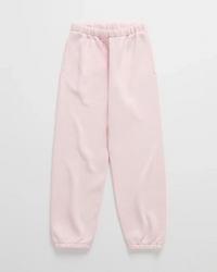 Lichtroze joggingbroek met elastische tailleband, steekzakken en elastische enkelboorden, plat neergelegd van voren. 8