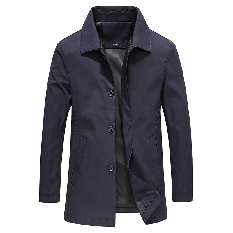 Windproof Long Men's Coat in Solid Color - Mees
