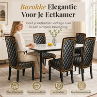 Vrouw aan een eettafel met een kopje, omringd door stoelen met zwarte gecapitonneerde hoezen met gouden barokranden in een lichte eetkamer. 1