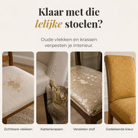 Vier voorbeelden van beschadigde eetkamerstoelen: een vlekkerige zitting, krassen van een kat, gebarsten bekleding en een vergeelde gele stoel. 2