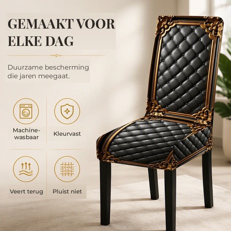 Eén stoel met zwarte hoes met gouden barokranden en ruitpatroon in een lichte kamer, met pictogrammen over wasbaarheid en kleurvastheid. 4