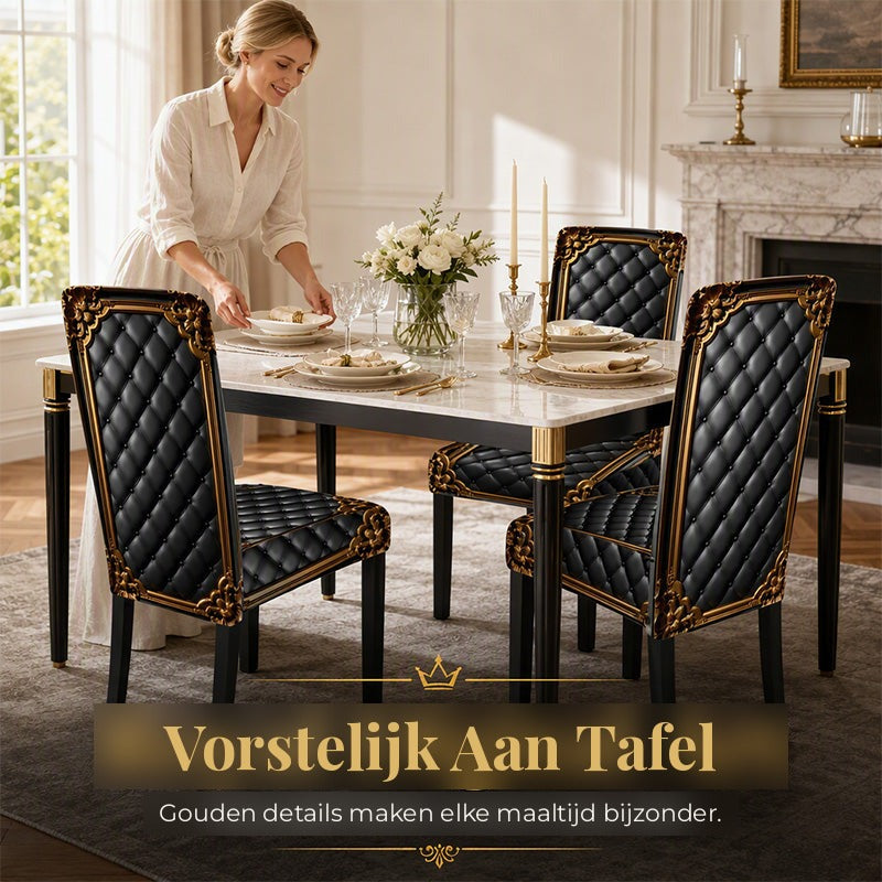 Gedekte eettafel met bloemen en kaarsen in een klassieke eetkamer, waar een vrouw bordjes neerzet naast stoelen met zwarte gouden hoezen. 5
