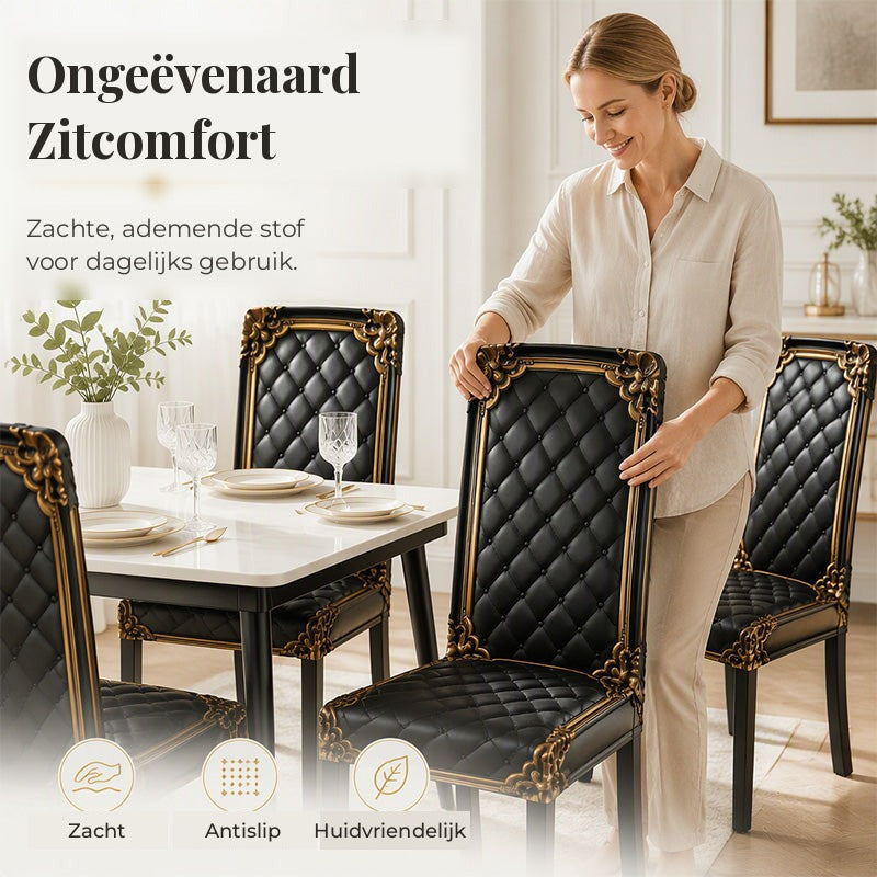 Vrouw in lichte blouse staat achter een stoel met zwarte hoes met gouden details, naast een gedekte tafel met glazen en borden. 6