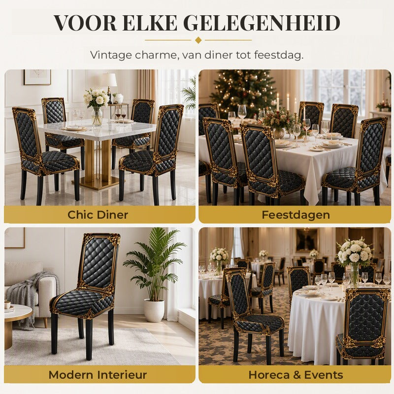 Vier sfeerbeelden van de stoelhoezen in een chic diner, tijdens de feestdagen, in een modern interieur en bij een horecagelegenheid met events. 7