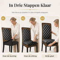 Drie stappen om de stoelhoes aan te brengen: eerst over de rugleuning, dan over de zitting en tot slot glad strijken. 8