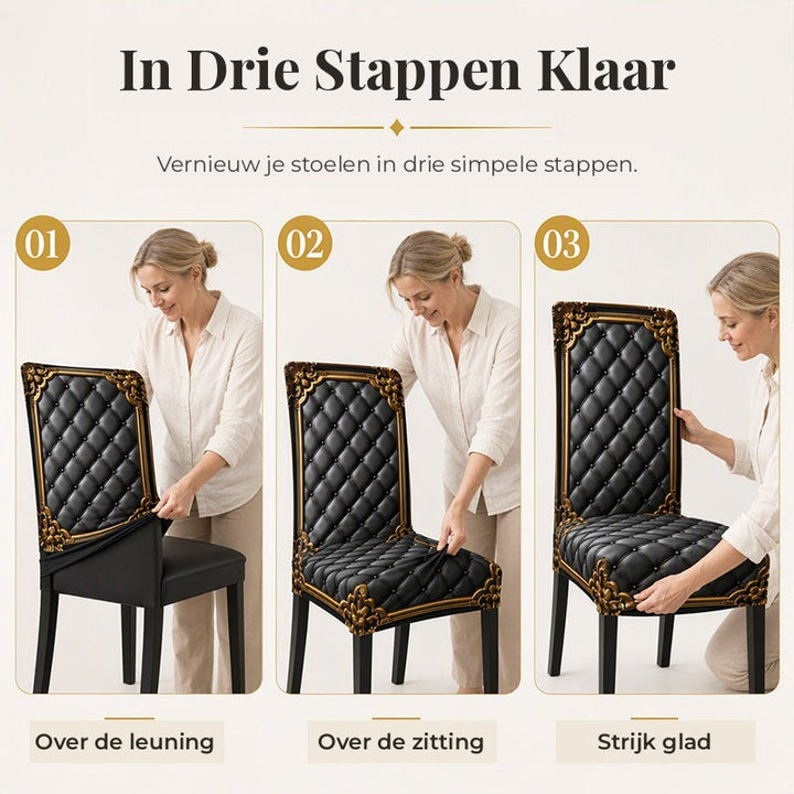 Drie stappen om de stoelhoes aan te brengen: eerst over de rugleuning, dan over de zitting en tot slot glad strijken. 8