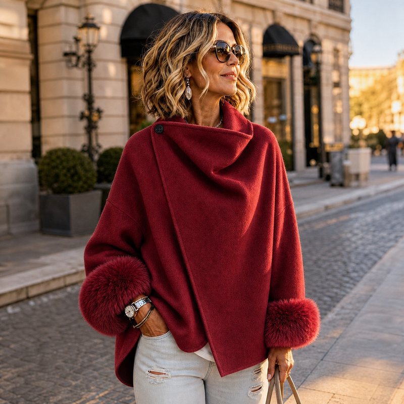 Model draagt de jas in rood met een lichte jeans op een zonnige straat 4