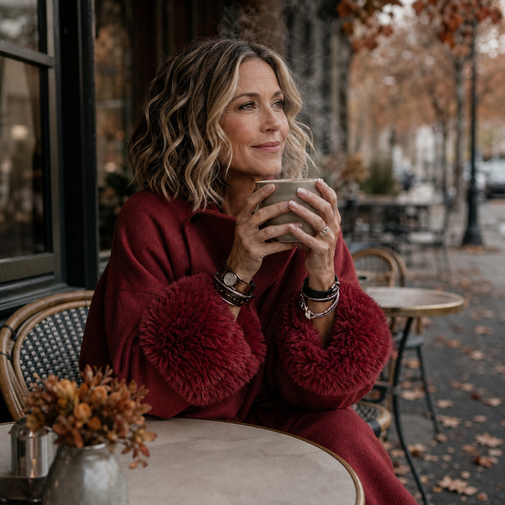 Model in de rode jas houdt een warme kop koffie vast op een caféterras 3