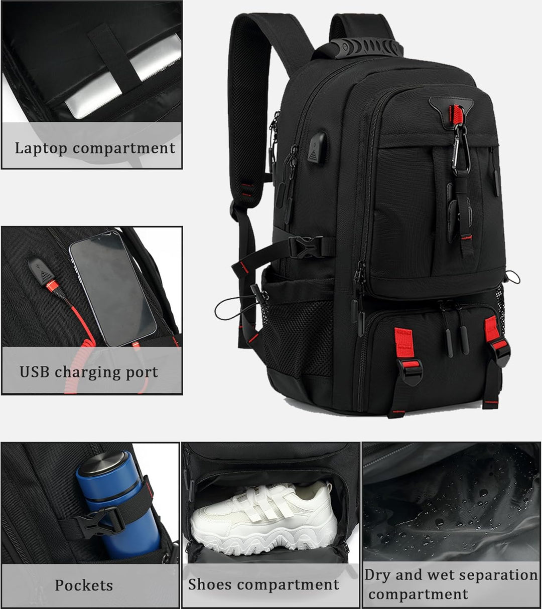 60L Waterdichte Laptoprugzak met USB Poort & Schoenvak
