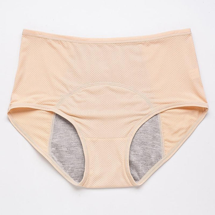 Beige slip met hoge taille van voren, met fijn gaatjespatroon en een grijs opvangpaneel in het kruis. 14