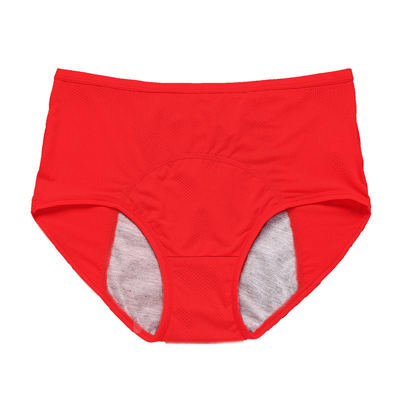 Rode slip met hoge taille van voren, met gaatjesstof en een grijs opvangpaneel in het kruis. 16