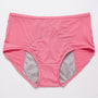 Roze slip met hoge taille van voren, met gaatjesstof en een grijs opvangpaneel in het kruis. 17