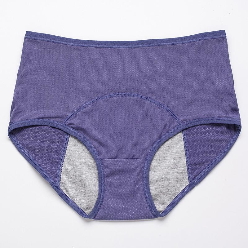 Blauwpaarse slip met hoge taille van voren, met gaatjesstof en een grijs opvangpaneel in het kruis. 18