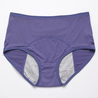 Blauwpaarse slip met hoge taille van voren, met gaatjesstof en een grijs opvangpaneel in het kruis. 18