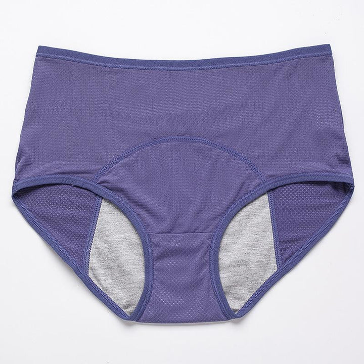 Blauwpaarse slip met hoge taille van voren, met gaatjesstof en een grijs opvangpaneel in het kruis. 18