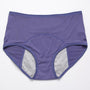 Blauwpaarse slip met hoge taille van voren, met gaatjesstof en een grijs opvangpaneel in het kruis. 18