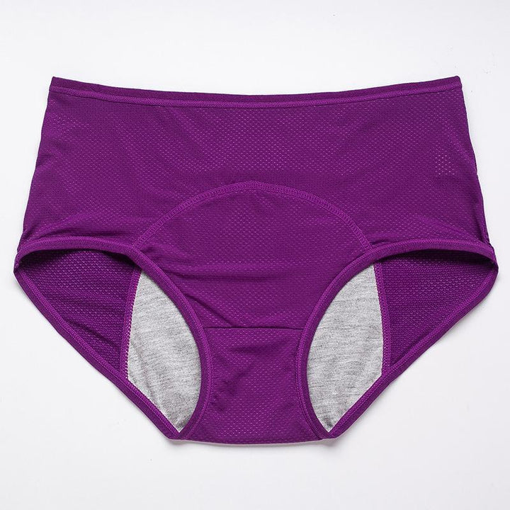 Donkerpaarse slip met hoge taille van voren, met gaatjesstof en een grijs opvangpaneel in het kruis. 19